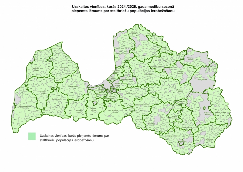 Karte ar uzskaites vienībām, kurās 2024./2025. gada medību sezonā pieņemts lēmums par staltbriežu populācijas ierobežošanu