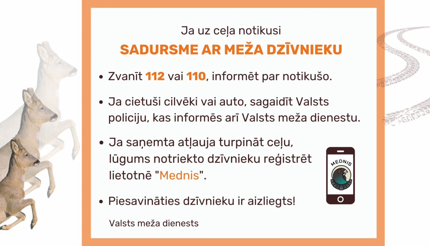 Attēls ar tekstu, kur aprakstīts kā rīkoties situācijā ja uz ceļa notikusi sadursme ar meža dzīvnieku